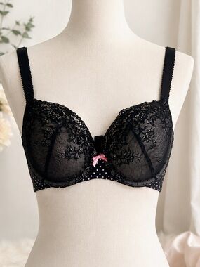 PARISA Fé Black Lace Underwire Bra 34DDD Polka Dot Mesh Pink Bow Lingerie